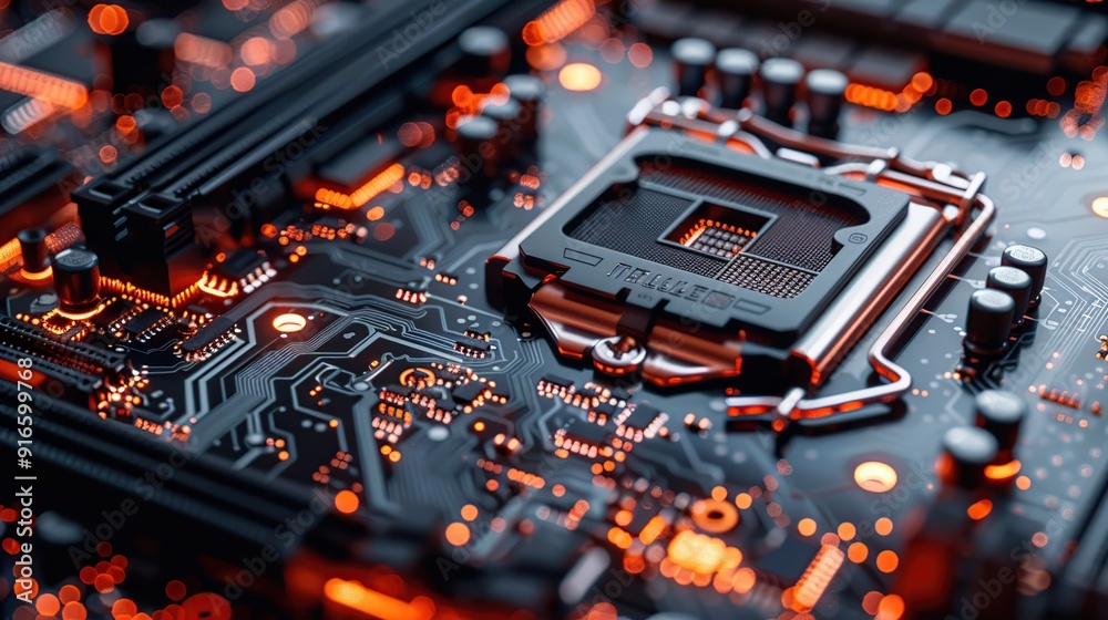 Poster close-up of a computer motherboard with a cpu socket