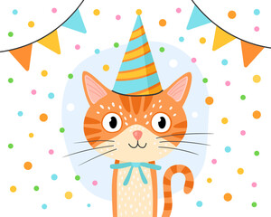 Сute orange kitten in a festive cap. Red tabby cat. Light blue and white background, multicolored confetti, garlands. Birthday card. Cute cartoon illustration.