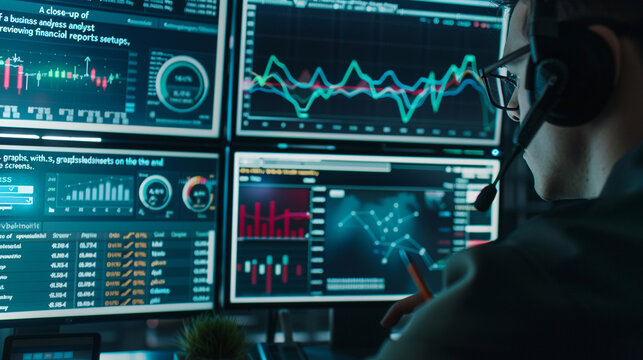 A close-up of a business analyst reviewing financial reports on a dual-monitor setup, with charts, graphs, and spreadsheets on the screens."