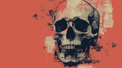 Halloween-themed collage featuring a detailed skull illustration on a vibrant background