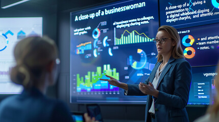 A close-up of a businesswoman giving a presentation to colleagues, with a digital whiteboard displaying charts and graphs, and attentive team members taking notes.