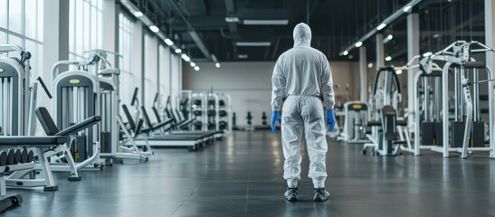 A figure in protective gear stands in an empty gym, emphasizing cleanliness and safety in fitness environments.