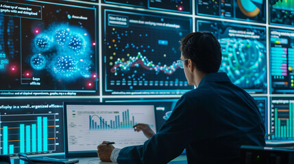 A close-up of a researcher analyzing data, with scientific charts, graphs, and detailed reports on display in a well-organized office.