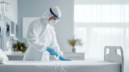 Healthcare professional in protective gear sanitizing a hospital bed, ensuring cleanliness and safety for patients.