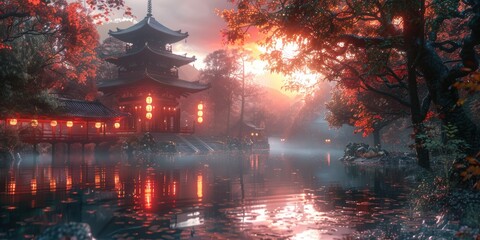 Fototapeta premium Serene Sunset over a Japanese Pagoda