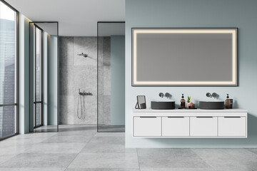 Modern bathroom interior with double sink and large mirror. 3D Rendering