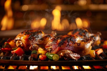 Naklejka premium Juicy roasted chicken with vegetables on a flamed grill, set against a blurred steakhouse background for a delectable and appetizing look