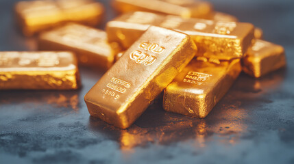 Stack of gold bars on dark surface, close-up. ..