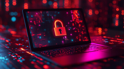 Cyber Security: Red glowing padlock on laptop screen. ..