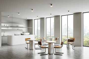 Modern cafe interior with large windows and city view. 3D Rendering