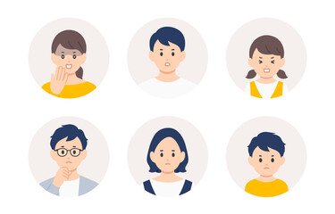 ネガティブな子育て世帯･家族の顔アイコンセット【人物ベクターイラスト素材】
