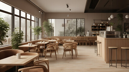 Fototapeta premium Sleek Serenity: Minimalist Café Design with Natural Elements