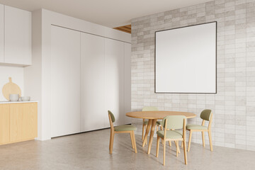 Home kitchen interior with cabinet, eating table and chairs. Mockup poster