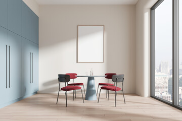 Colored dining interior with table and chairs, panoramic window. Mockup frame