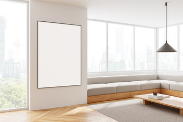 Blank poster mockup in modern living room with cityscape view. 3D Rendering