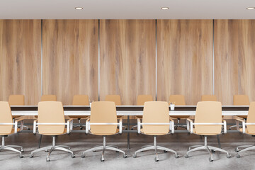 Office meeting room interior with long table and chairs in row, empty wall