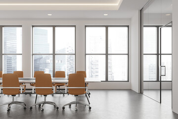 Modern conference room with cityscape view and orange chairs. 3D Rendering