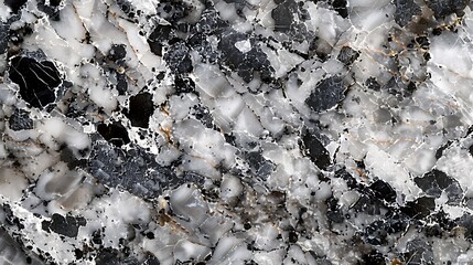 Close-up texture of speckled granite with a mix of black, white, and gray tones, displaying intricate patterns and natural imperfections. Emphasizing the natural beauty and durability of the stone,