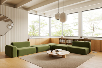 Beige living room interior with green sofa, dresser and panoramic window