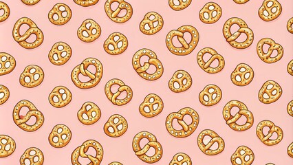 Whimsical hand-drawn pretzel design on soft pink background forms a seamless repeating pattern, perfect for bakery branding, foodie packaging, or playful cooking-themed accessories.