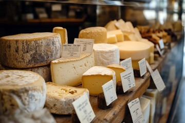 Assortment of aged cheeses displayed in a cheese shop, with labels indicating their origins and flavors.