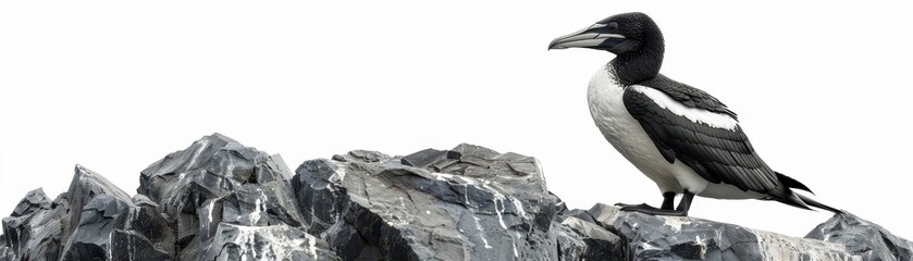 Obraz premium A black and white bird perched on a rocky surface, showcasing its unique features and natural habitat.