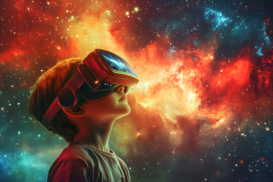 A kid wearing a VR headset and enjoying experiences of space and galaxies