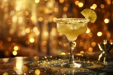 Margarita cocktail placed on a bar table, with a warm golden lighting bar background, highlighting the drink and setting an elegant mood