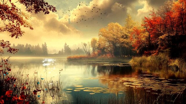 a tranquil lake nestled in the mountains with flowers and butterflies, as the setting sun reflects bright colors  Seamless looping 4k time-lapse animation video background