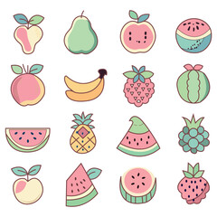 Set of fruits simple icons in  pastel color. Abstract cartoon fruit stickers. Cooking tasty and healthy fruits and food design.banana, watermelon, pearl, Peach, apples.
