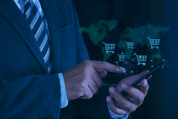 Businessman using smartphone shopping online. shopping cart and business icons with virtual, business delivery e-commerce, shopping on internet, offers home delivery.