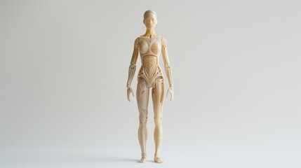 A wooden art mannequin standing against a plain backdrop, ideal for sketching and artistic reference.