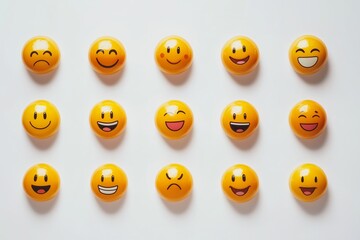 Wall of Many Happy Smiley Faces Set Orange Yellow on Blank White Generative Illustration