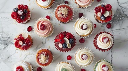 variety of colorful cupcakes with piped frosting and decorative toppings, arranged in a visually appealing pattern on a white background to showcase their whimsical designs