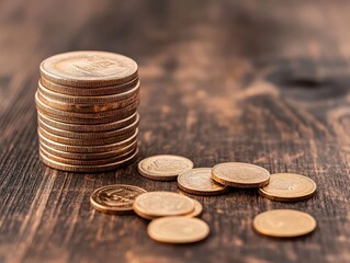 Close-up of stacked coins with scattered coins on a wooden table. Perfect for financial themes, savings, and investment concepts.