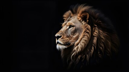 Fototapeta premium A black background with an isolated profile of a lion and lamb. AI-generated