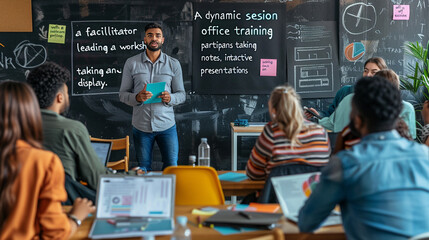 A dynamic office training session with a facilitator leading a workshop, participants taking notes, and interactive presentations on display."