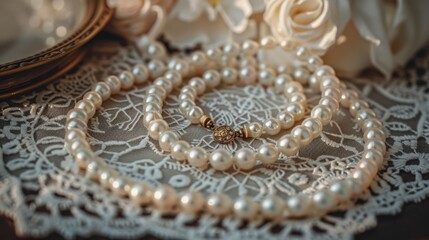 Fototapeta premium A vintage pearl necklace with a golden clasp, laid out on an antique lace doily for a nostalgic look.