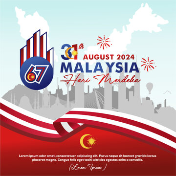 Celebration of 67th Malaysia "Hari Merdeka" Means Independence Day August 2024 greeting, banner, background,poster, template. Design with 67 logo, map and landmarks. Malaysia vector illustration