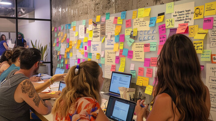 A dynamic team brainstorming session with sticky notes on the walls, laptops open, and a collaborative spirit driving creative ideas.