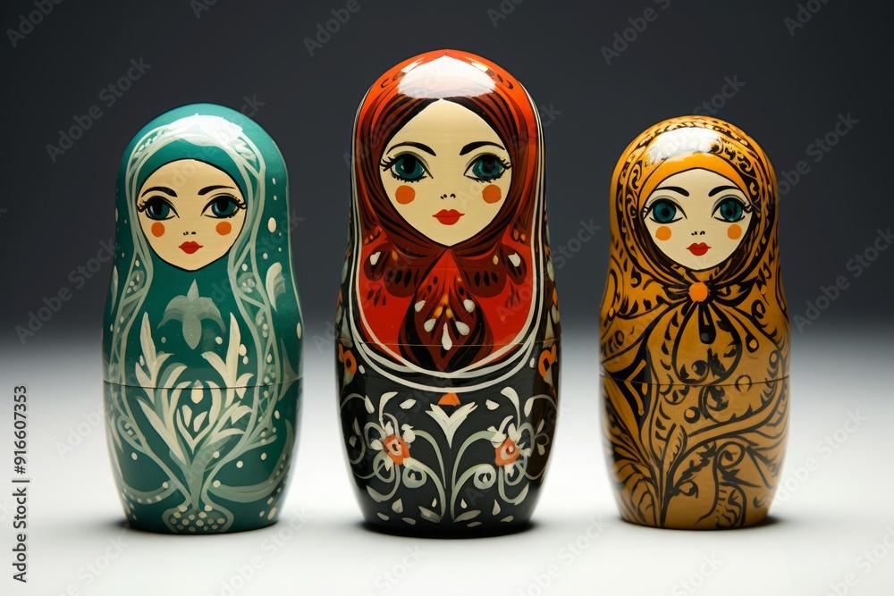 Wall mural Russian Dolls. Matryoshka set on black and white background. Bright colors.