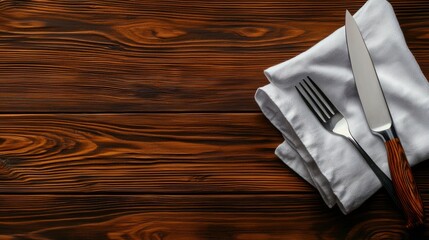 Knife and Fork on White Napkin with Wood Table Elegant place setting with a knife and fork neatly placed on a white napkin, set on a rich wooden table