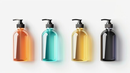 Set of plastic cosmetic bottles with pump heads, isolated on white background.