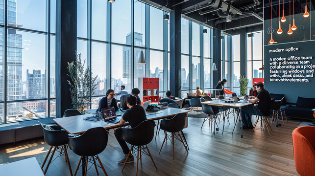 A modern open-plan office with a diverse team collaborating on a project, featuring large windows with city views, sleek desks, and innovative design elements."