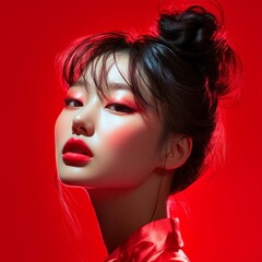 Fototapeta premium Beautiful Korean girl, professional portrait in the studio. Clear skin, makeup, well-groomed face. Korean cosmetics. Expressive look of a sweet woman.
