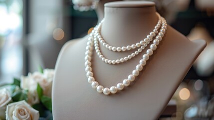 A layered pearl necklace with mixed lengths and pearl sizes, styled on a neutral-colored bust display