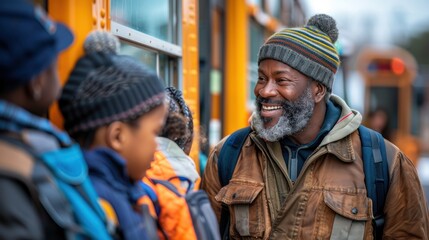 A joyful bus driver interacting with school children as they board the bus for their field trip