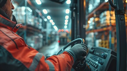 A forklift driver's hands on the controls, with the warehouse in the background