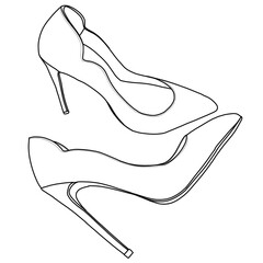 A simple line art drawing of two high-heeled women's shoes with pointed toes, Technical sketch hand drawing outline vector doodle illustration, side and top view isolated on white background