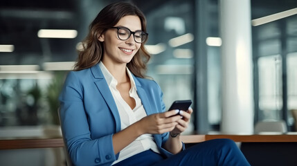 A happy business woman holding her phone and looking at it while sitting on an office desk.